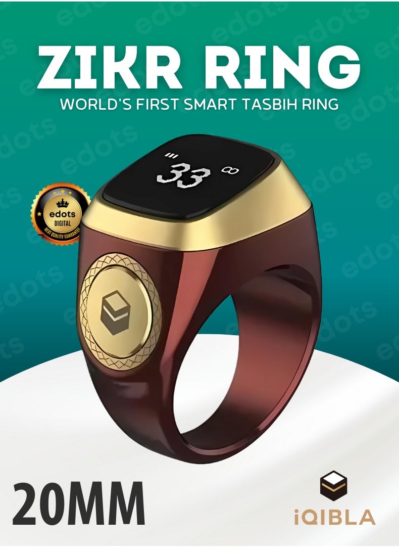 iQIBLA - Smart Zikr Ring | 20 MM Prayer Counter, Tasbih Counter & Muslim Prayer Time Reminder | Waterproof Wearable Technology | Brown - Image 1