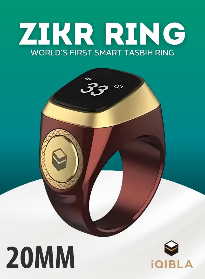 iQIBLA Smart Zikr Ring | Lite | 20 MM Prayer Counter, Tasbih Counter & Muslim Prayer Time Reminder | Waterproof Wearable Technology | Brown