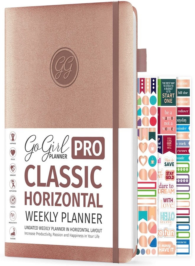 GoGirl Planner PRO - Undated Horizontal Layout Weekly Planner and Organizer + Budgeting and Expense Tracking Pages, Goals Journal & Agenda, 7" x 10" Hardcover, Lasts 1 Year - Rose Gold - Image 1
