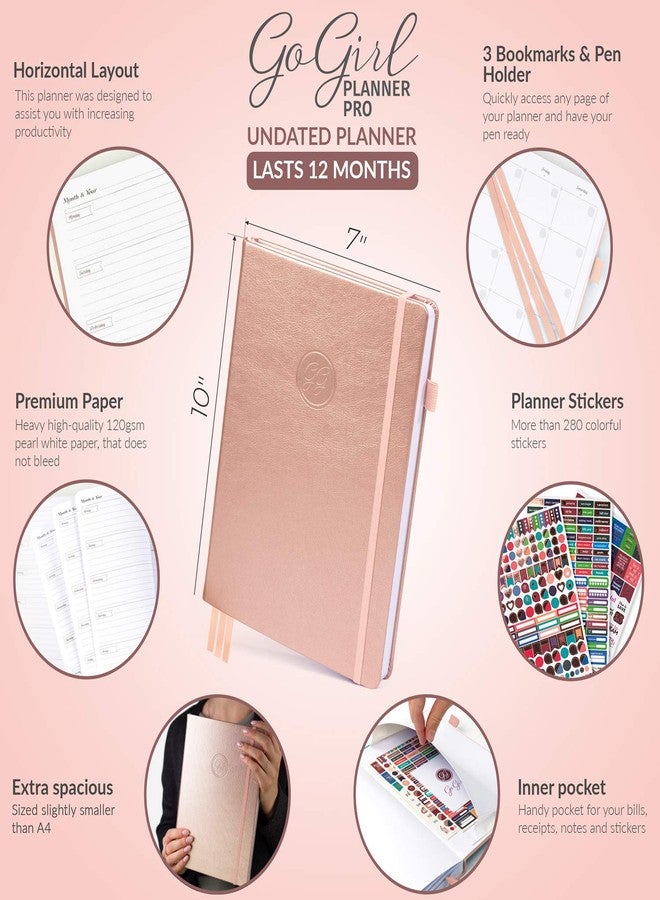 GoGirl Planner PRO - Undated Horizontal Layout Weekly Planner and Organizer + Budgeting and Expense Tracking Pages, Goals Journal & Agenda, 7" x 10" Hardcover, Lasts 1 Year - Rose Gold - Image 2