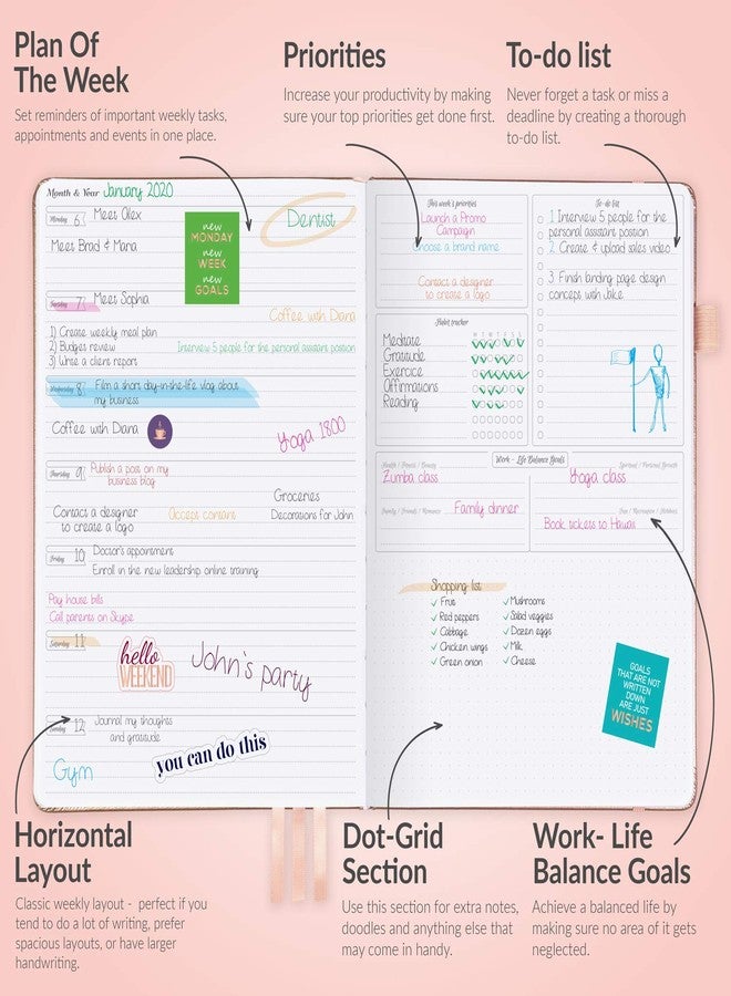 GoGirl Planner PRO - Undated Horizontal Layout Weekly Planner and Organizer + Budgeting and Expense Tracking Pages, Goals Journal & Agenda, 7" x 10" Hardcover, Lasts 1 Year - Rose Gold - Image 3