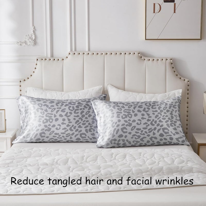 URLINENS أكياس وسائد من الساتان للشعر والبشرة، تشبه أكياس الوسائد الحريرية مقاس كوين عبوة من 2، أكياس وسائد من الساتان مع إغلاق مغلف، هدية للفتيات والنساء (20 × 30 بوصة، فهد، فضي) - Image 2