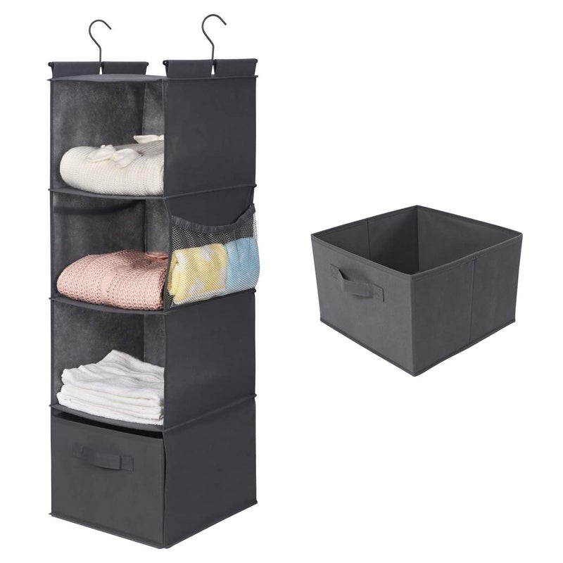 MAX Houser 4Shelf Hanging Closet Organizer Space Saver Cloth Hanging Shelves with 2 Side Pockets Foldable Grey