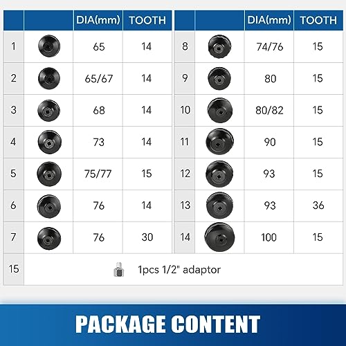 ATPEAM 15PCS Oil Filter Cap Wrench Tool | Cup Type Oil Filter Socket Wrench Set | 3/8 inch Drive Oil Canister Socket Service Kit with 1/2 inch Adaptor - Image 2