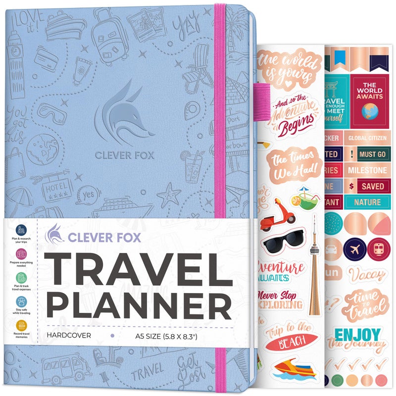 Clever Fox Travel Journal â€“ Vacation & Trip Organizer with Budget Plan, Packing List, Travelling Expense Tracker, A5 (Periwinkle) - Image 1
