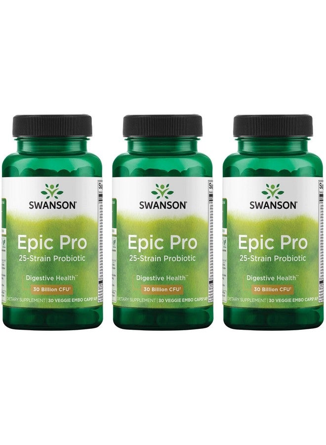 Swanson Epic-Pro 25-Strain Probiotic 30 Billion CFU Digestive Health Immune System Support Prebiotic Nutraflora FOS 30 DRcaps Veggie Capsules (Caps) (3 Pack)