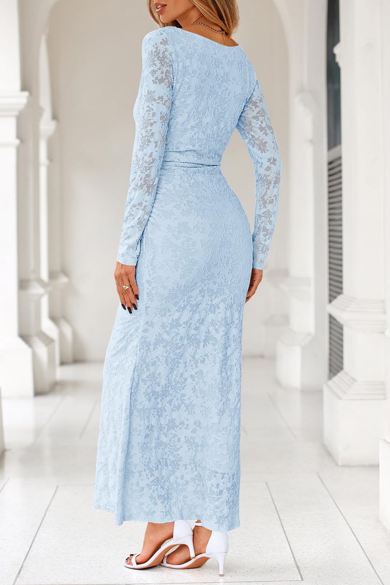 MITILLY Women's Formal Bodycon Maxi Dress Fall 2026 Long Sleeve Floral Tight Fitted Party Club Ruched Dresses Large Light Blue - Image 3