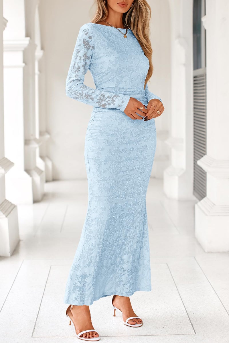 MITILLY Women's Formal Bodycon Maxi Dress Fall 2026 Long Sleeve Floral Tight Fitted Party Club Ruched Dresses Large Light Blue - Image 5