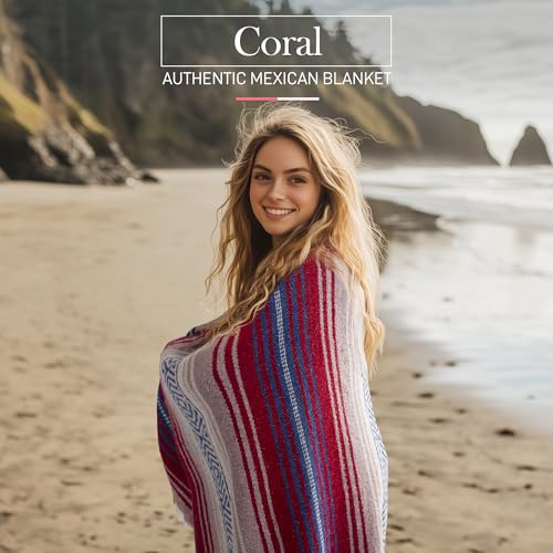Hydration Nation Authentic Mexican Serape Blanket - Soft & Durable - Lightweight Falsa - Coral, 70"x50" - Image 3
