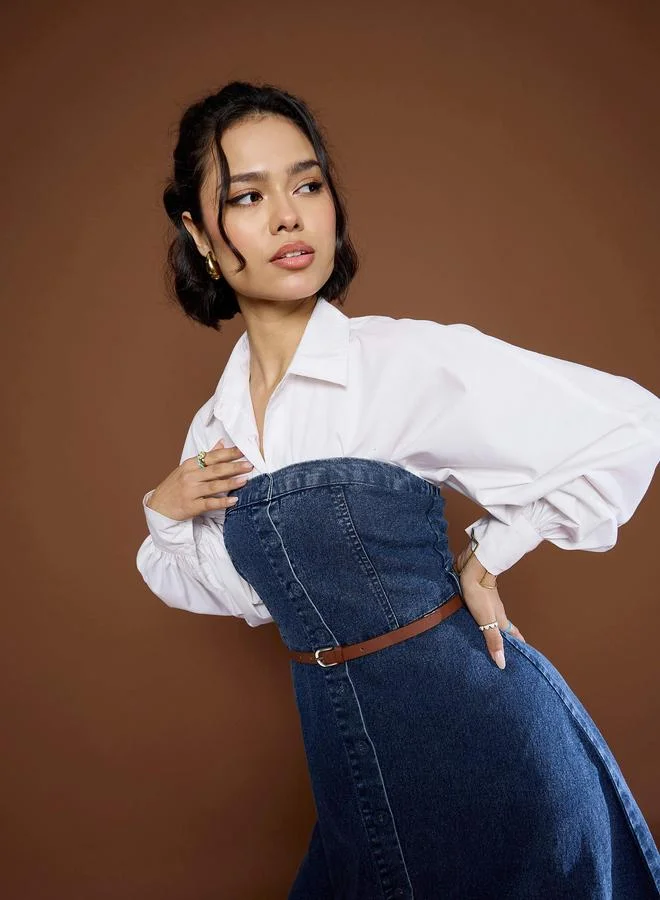 ساسافراس فستان ميدي دنيم أزرق مغسول من ساسافراس