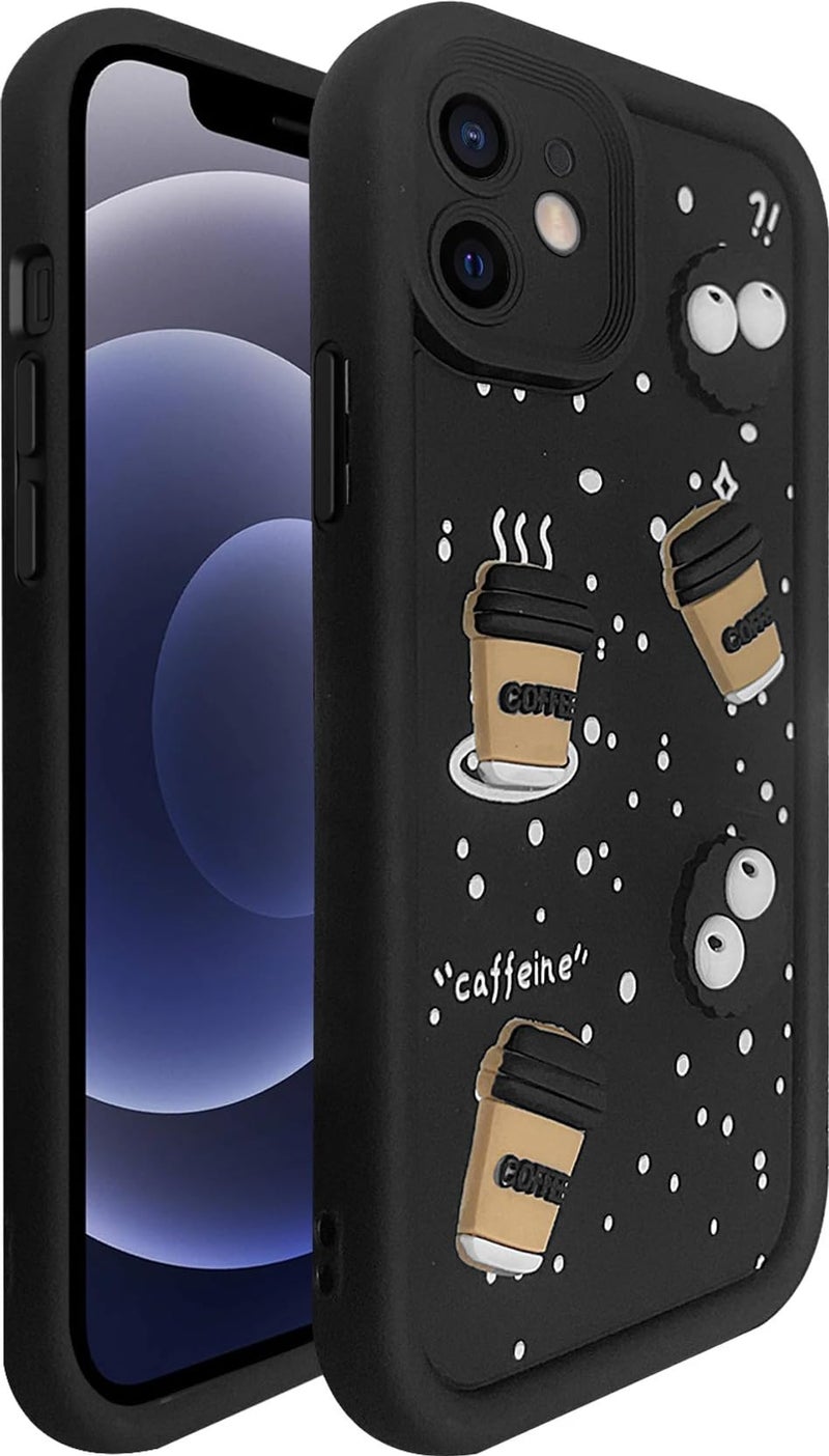 SHINESTAR Back Cover for iPhone 12 – 3D Cartoon Coffee & Eyes Design | Soft Silicone Shockproof Case with Full Camera Protection | Cute & Playful Phone Cover - Black - Image 1