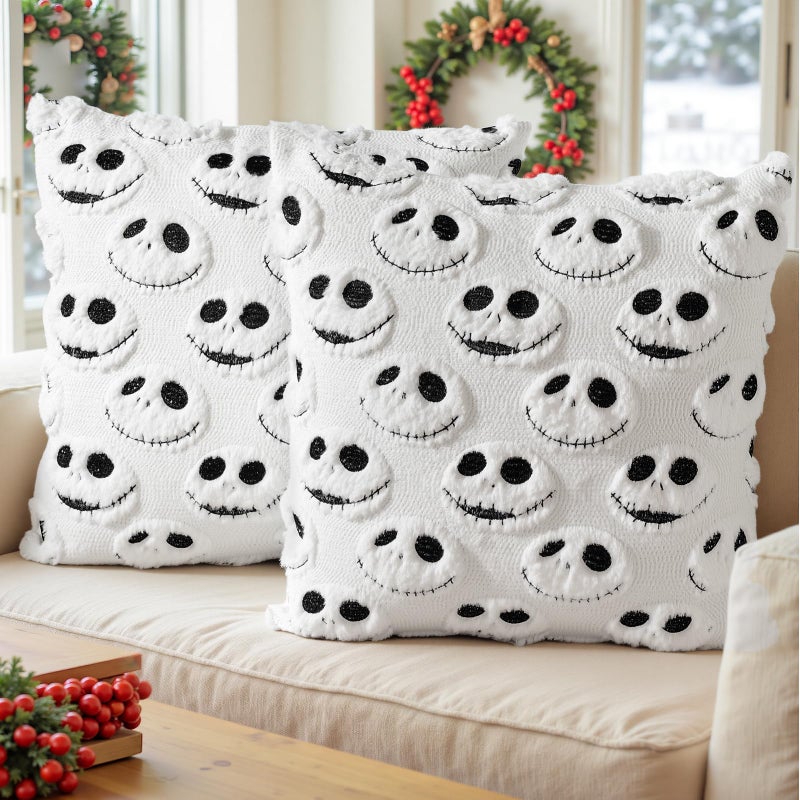 eowvsio 2PCS Halloween Pillow Covers 18x18 inch,Nightmare Be Christmas Throw Pillow Cases,Halloween Decor Soft Plush Faux Fur Wool Couch Cushion Case for Chair Sofa Bedroom Living Room (white Halloween) - Image 1