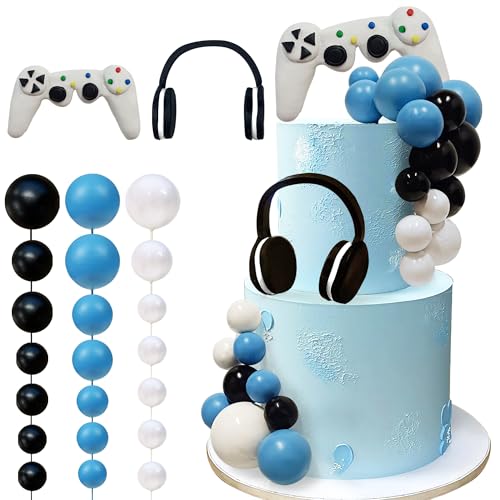 TOSPARTY 26 PCS Video Game Themes Cake Toppers Headset Cake Decoration Ball Cake Decoration Game Controller Cake Decoration for Game Theme Birthday Party Cake Decoration White - Image 1