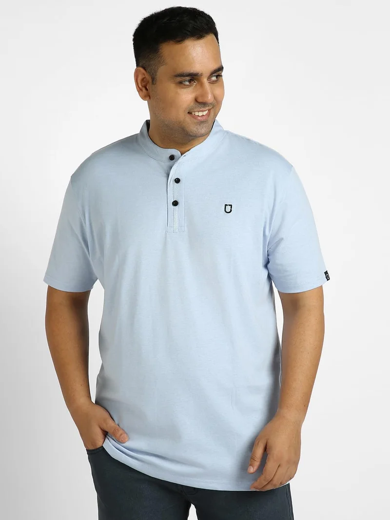 Urbano Plus Men's Sky Blue Melange Solid Mandarin Collar Regular Fit Half Sleeve Cotton T-Shirt