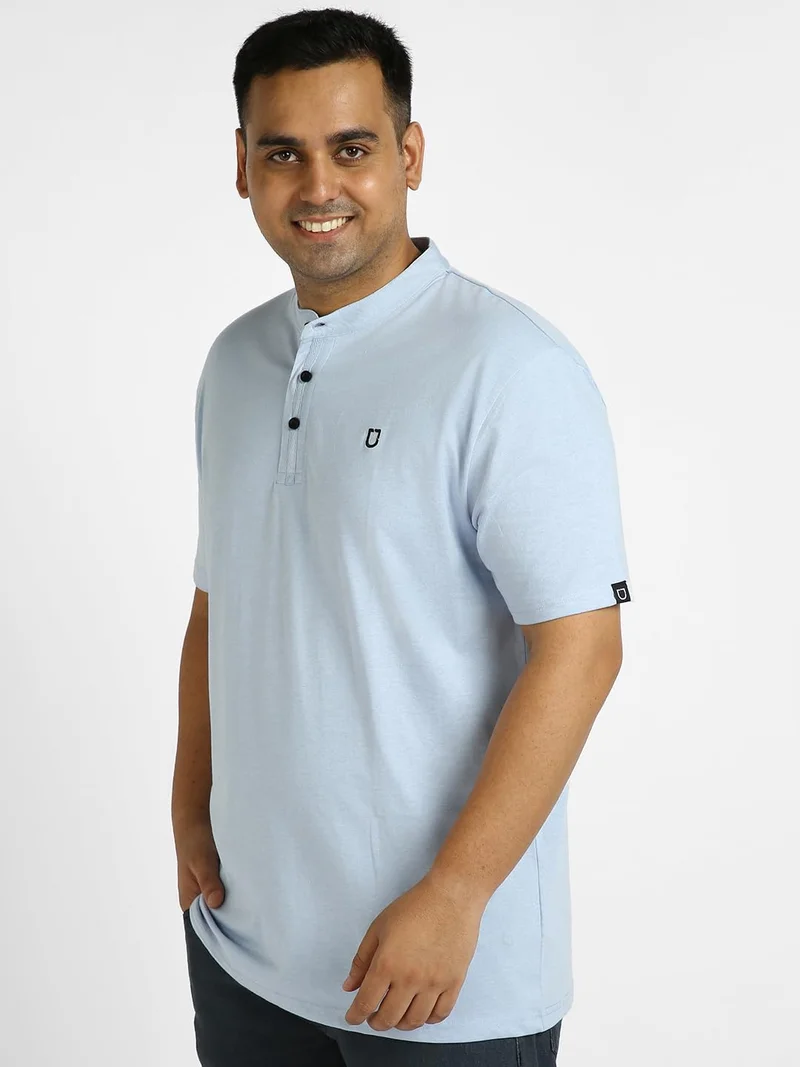 Urbano Fashion  Urbano Plus Men's Sky Blue Melange Solid Mandarin Collar Regular Fit Half Sleeve Cotton T-Shirt  | Best Price UAE
