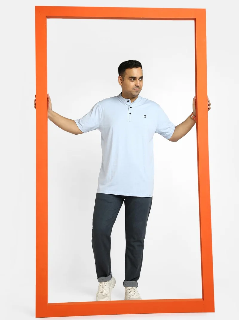 Urbano Fashion  Urbano Plus Men's Sky Blue Melange Solid Mandarin Collar Regular Fit Half Sleeve Cotton T-Shirt  | Best Price UAE