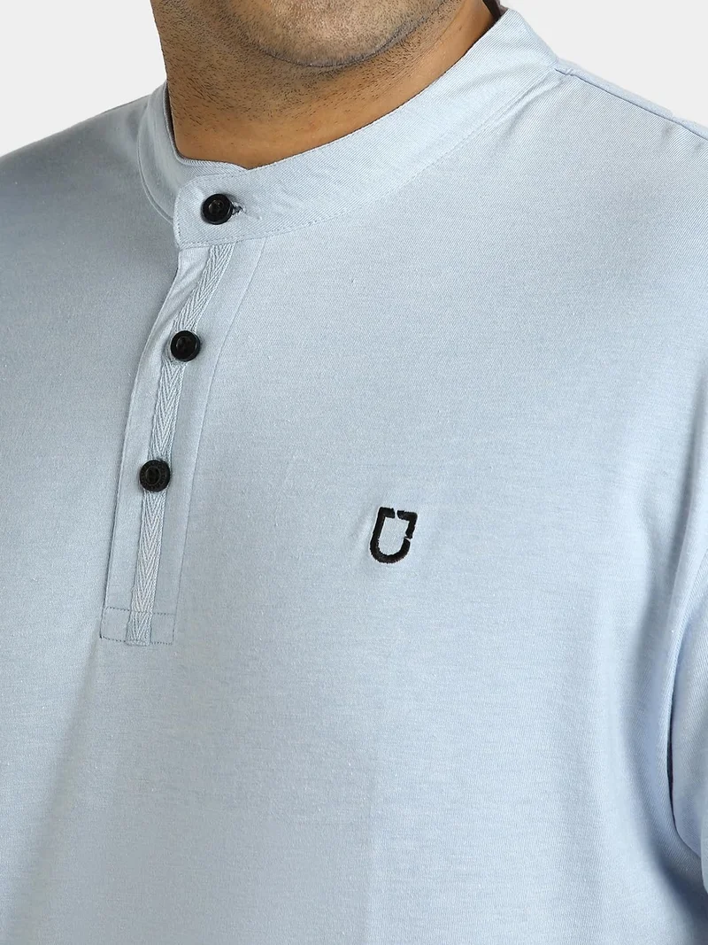 Urbano Fashion  Urbano Plus Men's Sky Blue Melange Solid Mandarin Collar Regular Fit Half Sleeve Cotton T-Shirt  | Best Price UAE