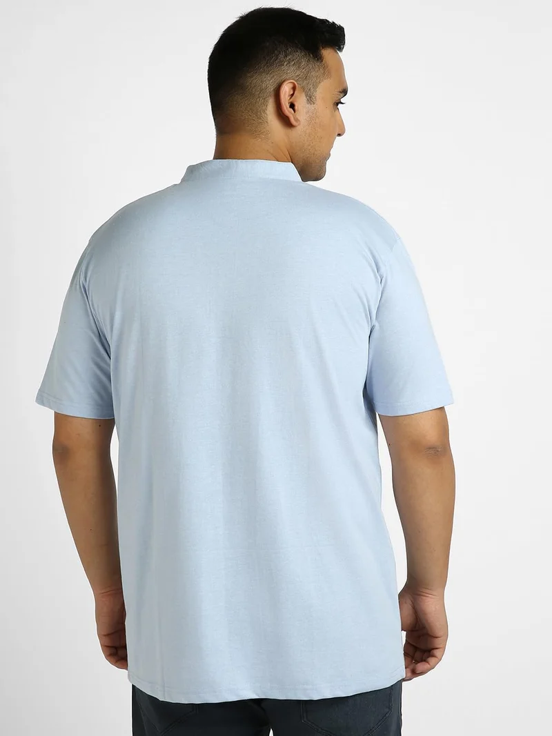 Urbano Fashion  Urbano Plus Men's Sky Blue Melange Solid Mandarin Collar Regular Fit Half Sleeve Cotton T-Shirt  | Best Price UAE