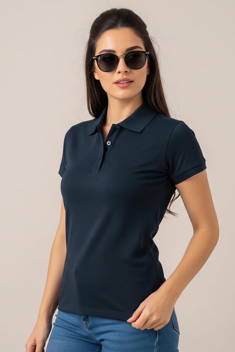 JUNEBERRY® Pure Cotton Regular Fit Plain Solid Classic Polo Collar Half Sleeve T-Shirt for Women (Polo_JB_NVY_M) - Image 4