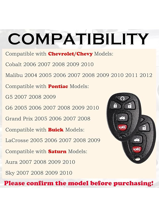 مفتاح بديل لسيارة شيفروليه ماليبو موديلات 2004 و2005 و2006 و2007 و2008 و2009 و2010 و2011 و2012 وكوبالت وبونتياك جي5 وجراند بريكس وبيوك ألور ولاكروس وساتورن وأورا سكاي، بنظام دخول بدون مفتاح وجهاز تحكم عن بعد، Kobgt04A (عبوة من قطعتين) - Image 2