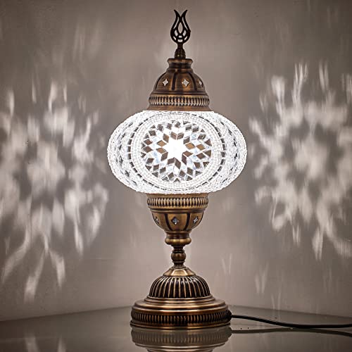 DEMMEX 7 Large Globe Turkish Moroccan Mosaic Table Lamp Handcrafted TiffanyStyle Colorful Glass Bedside Desk Table Light Artisan Decor for Living Room or Bedroom 14 H WhiteClear - Image 1
