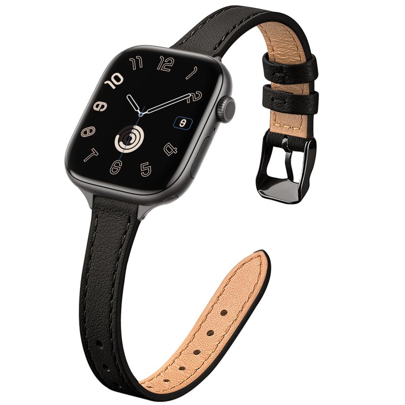 STIROLL Slim Leather Bands Compatible with Apple Watch Band 38mm 40mm 41mm 42mm(Series 11 10), Top Grain Leather Watch Thin Wristband for iWatch Ultra SE Series 9 8 7 6 5 4 3 2 1 (Black) - Image 1