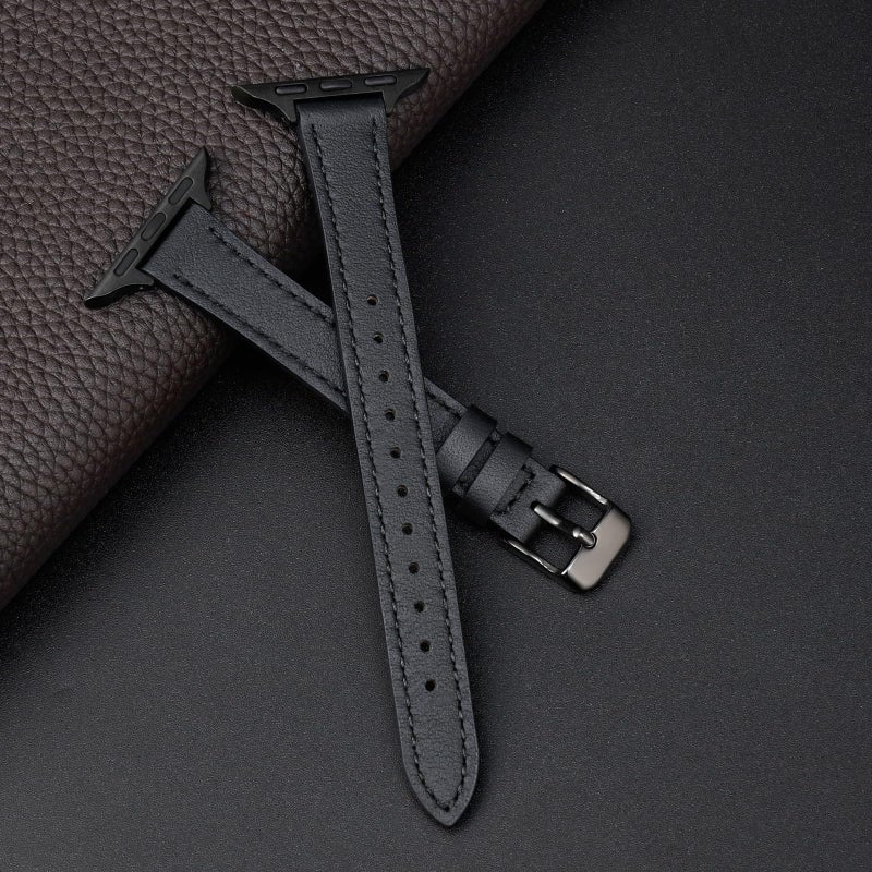 STIROLL Slim Leather Bands Compatible with Apple Watch Band 38mm 40mm 41mm 42mm(Series 11 10), Top Grain Leather Watch Thin Wristband for iWatch Ultra SE Series 9 8 7 6 5 4 3 2 1 (Black) - Image 2