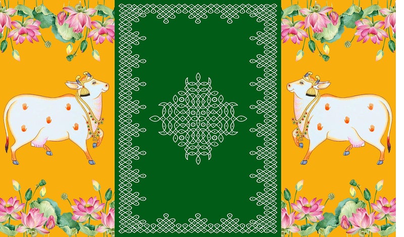 Backdropon Two Cows with Kollam (muggu) Design Backdrop Cloth for Pooja Decoration Traditional/Background Curtain Cloth for Festival Size 3 Feet Height and 5 Feet Width(3 * 5) - Image 4