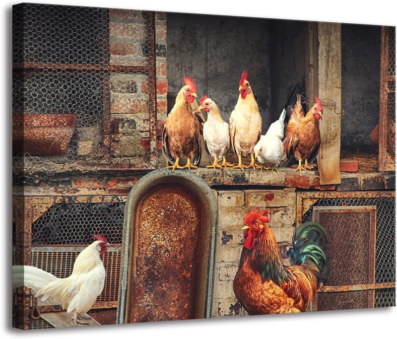 Woxfcart Rooster Chicken Pictures Wall Art - Rooster Decorations for Rustic Home Farmhouse Decor Canvas Framed 15x12 - Image 1