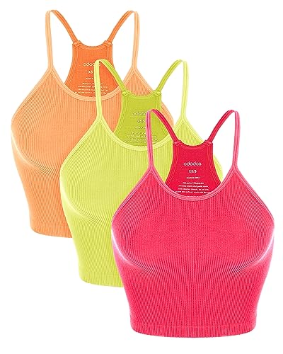 ODODOS Women's Crop 3-Pack Seamless Rib-Knit Camisole Crop Tank Tops, Neon Pink Green Orange, X-Small/Small - Image 1
