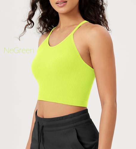 ODODOS Women's Crop 3-Pack Seamless Rib-Knit Camisole Crop Tank Tops, Neon Pink Green Orange, X-Small/Small - Image 3