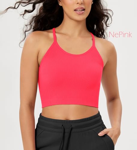 ODODOS Women's Crop 3-Pack Seamless Rib-Knit Camisole Crop Tank Tops, Neon Pink Green Orange, X-Small/Small - Image 2