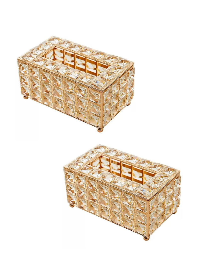 Teuuea 2 PCS Crystal Tissue Box, European Style Tissue Holder Cover, Creative Rectangular Facial Napkin Container, Tabletop Paper Dispenser Case for Desk Table Bathroom Decor Home Office Restaurant (Golden) - Image 1