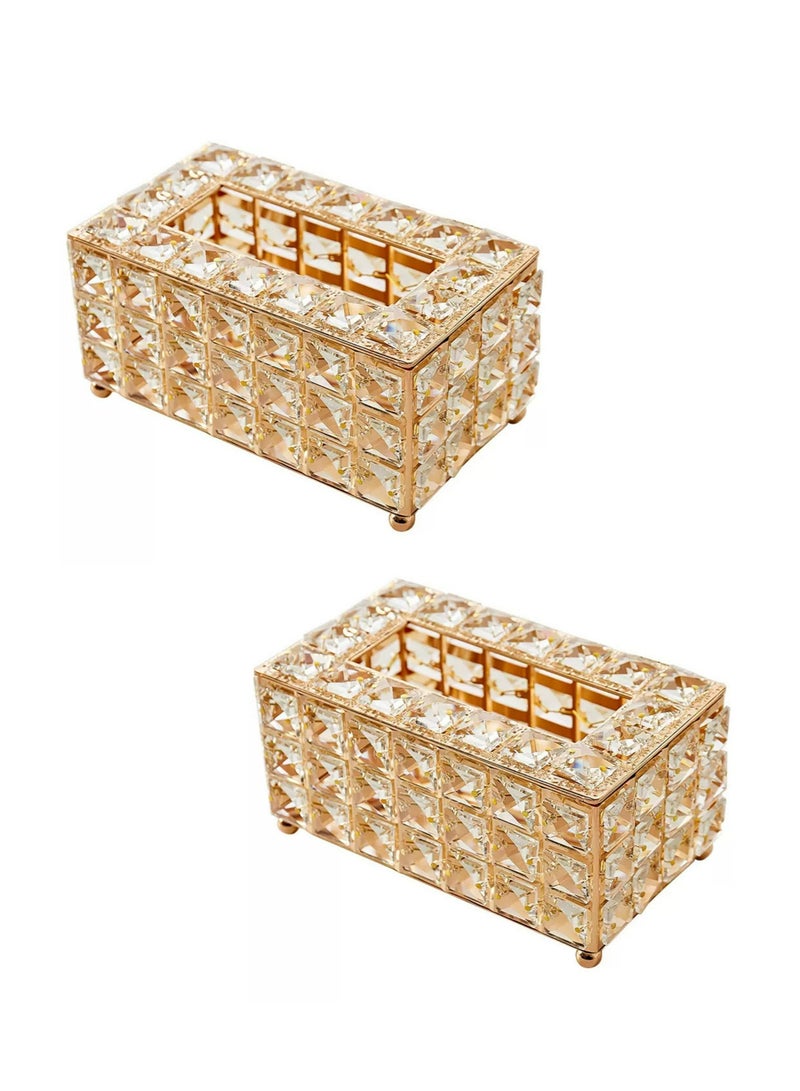 Teuuea 2 PCS Crystal Tissue Box, European Style Tissue Holder Cover, Creative Rectangular Facial Napkin Container, Tabletop Paper Dispenser Case for Desk Table Bathroom Decor Home Office Restaurant (Golden) - Image 1