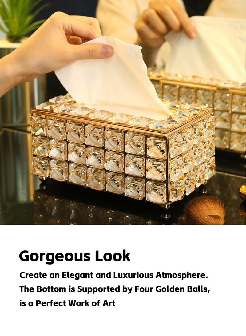 Teuuea 2 PCS Crystal Tissue Box, European Style Tissue Holder Cover, Creative Rectangular Facial Napkin Container, Tabletop Paper Dispenser Case for Desk Table Bathroom Decor Home Office Restaurant (Golden) - Image 2