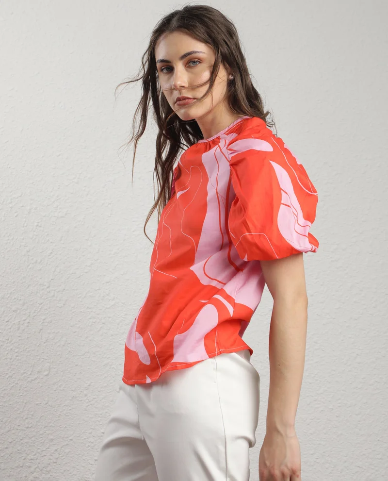 Rareism Rareism Women Danica Orange Cotton Fabric Short Sleeves Button Closure Round Neck Balloon Sleeve Regular Fit Abstract Print Top