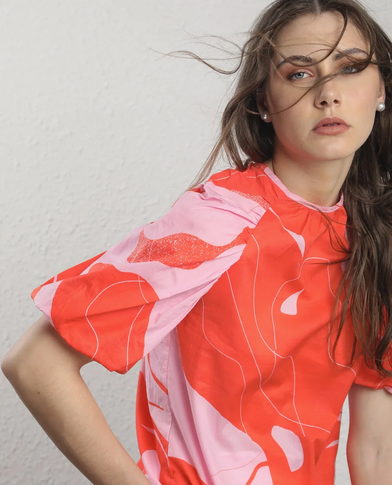Rareism Rareism Women Danica Orange Cotton Fabric Short Sleeves Button Closure Round Neck Balloon Sleeve Regular Fit Abstract Print Top