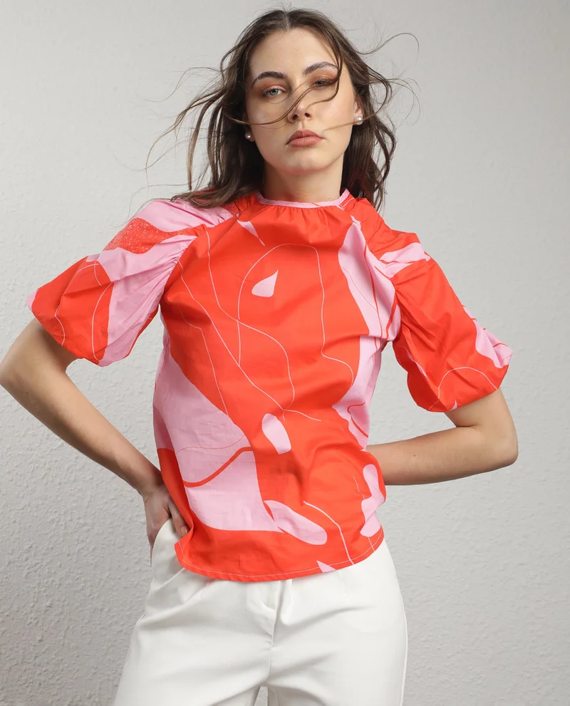 Rareism Rareism Women Danica Orange Cotton Fabric Short Sleeves Button Closure Round Neck Balloon Sleeve Regular Fit Abstract Print Top