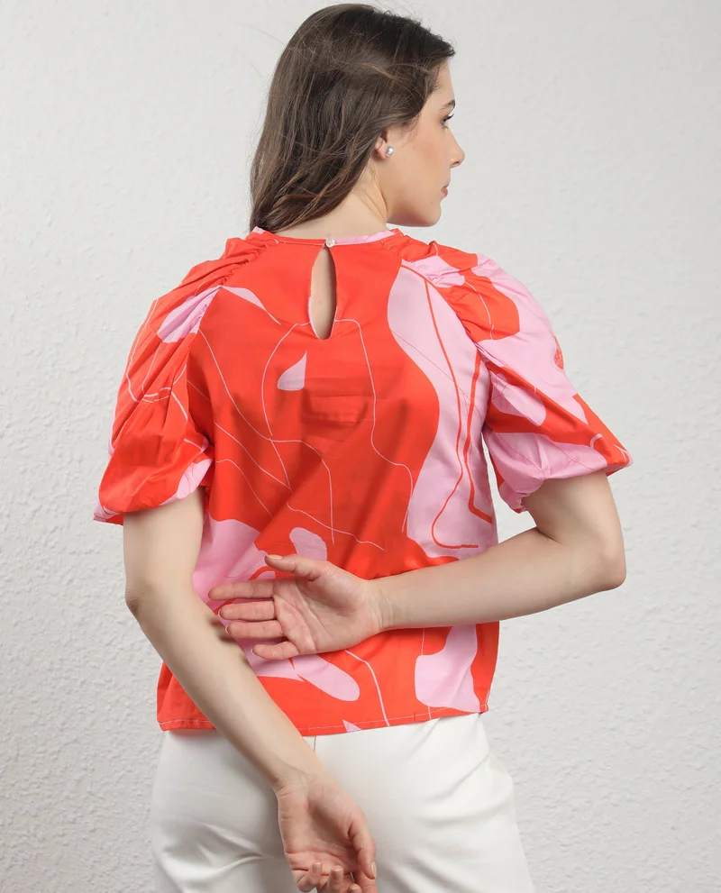 Rareism Rareism Women Danica Orange Cotton Fabric Short Sleeves Button Closure Round Neck Balloon Sleeve Regular Fit Abstract Print Top