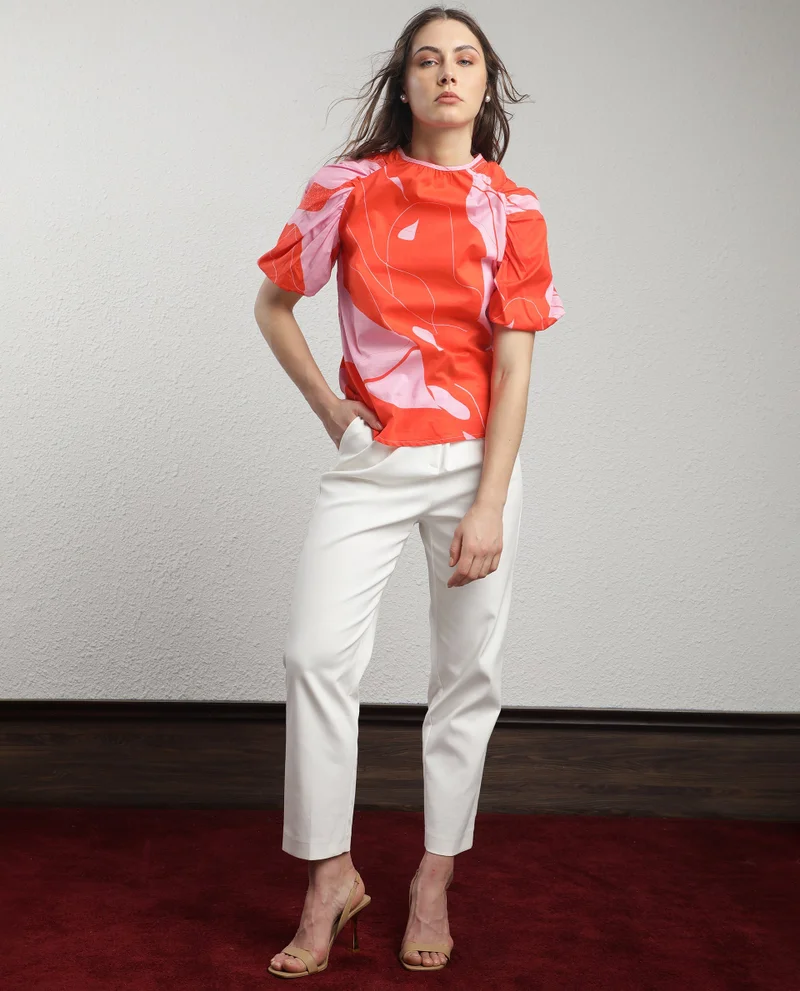 Rareism Rareism Women Danica Orange Cotton Fabric Short Sleeves Button Closure Round Neck Balloon Sleeve Regular Fit Abstract Print Top