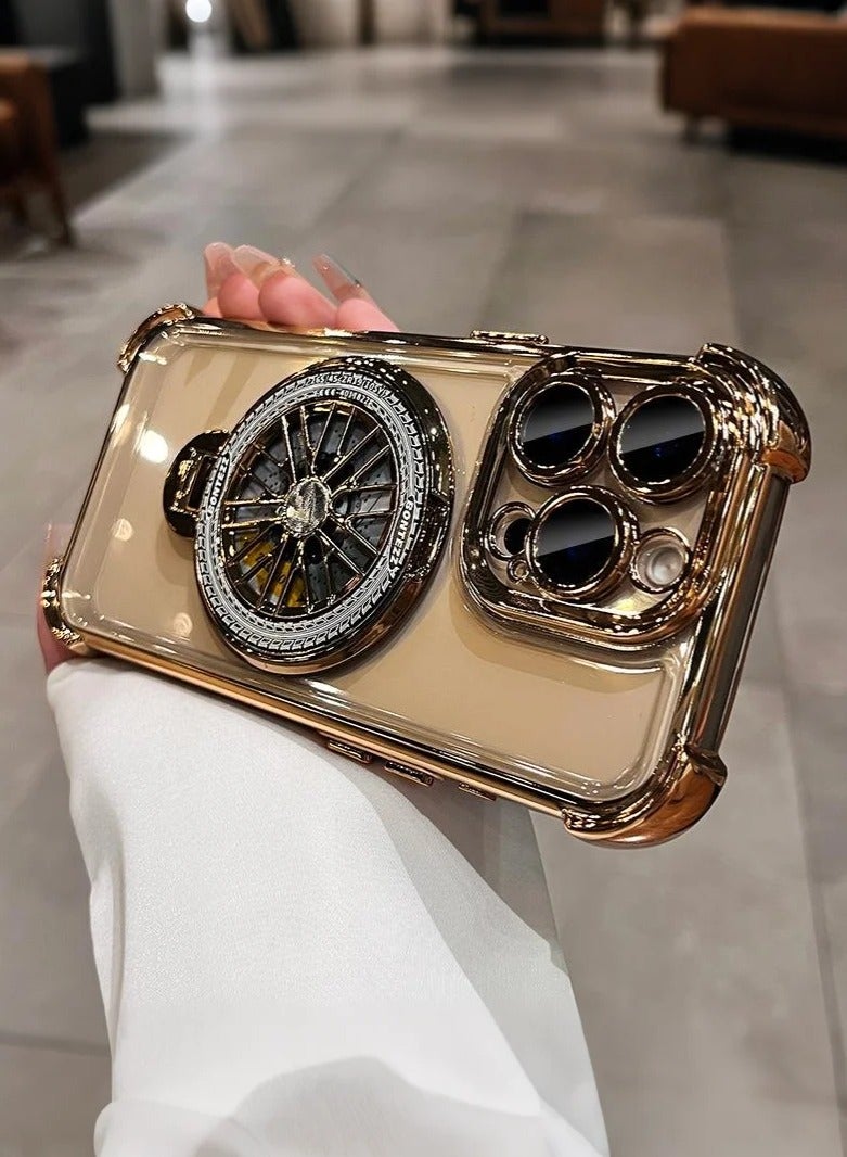 IPhone 14 Plus phone cover with rotating phone holder, thickened shock-absorbing edge, wear-resistant and scratch resistant, and camera protection, Gold - Image 1