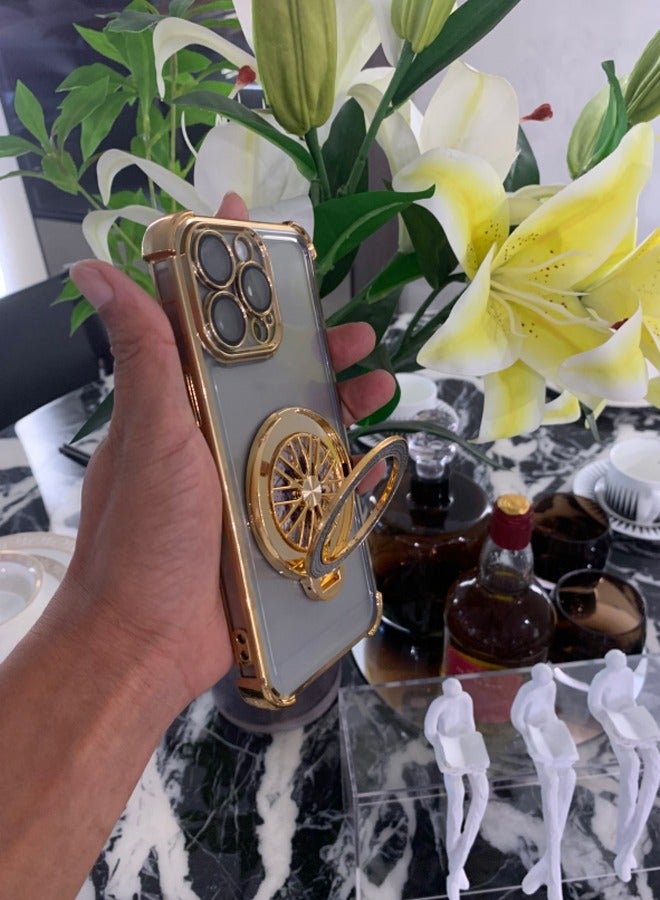 IPhone 14 Plus phone cover with rotating phone holder, thickened shock-absorbing edge, wear-resistant and scratch resistant, and camera protection, Gold - Image 4