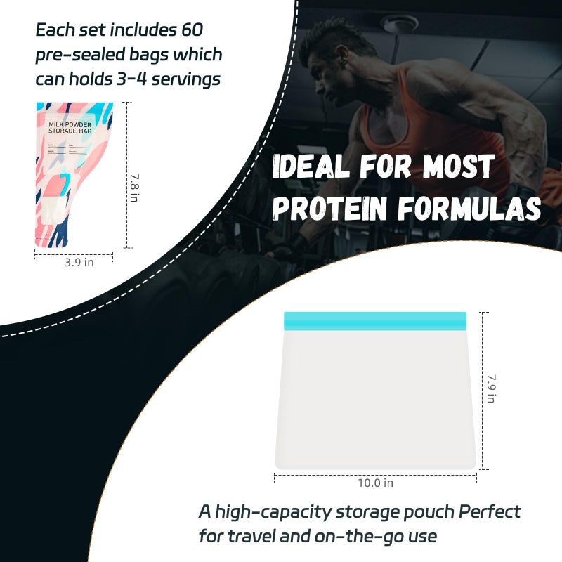 Eunoir Disposable Protein Powder Travel Containers â€“ 60Pcs Single-Use Protein Powder Bags, Leakproof Mess-Free Supplement Storage with Pouch & Scoop for Gym, Travel, Work, Flight & On-the-Go Lifestyles - Image 3