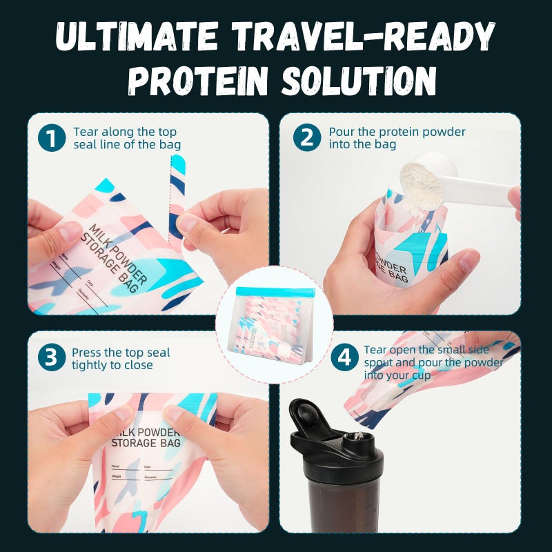 Eunoir Disposable Protein Powder Travel Containers â€“ 60Pcs Single-Use Protein Powder Bags, Leakproof Mess-Free Supplement Storage with Pouch & Scoop for Gym, Travel, Work, Flight & On-the-Go Lifestyles - Image 2