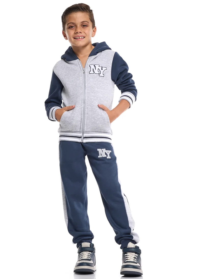 victor and jane Boys’ Trendy NY Logo Tracksuit – Grey Zip up Hoodie &amp; Navy Joggers Set