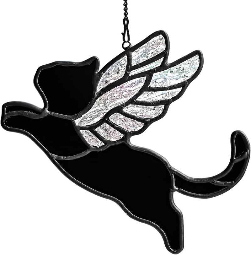 BOXCASA Angel Black Cat Loss Sympathy Gifts,Stained Glass Suncatchers Indoor Windows,Iridescent Angel Wing Cat Loss Memorial Gift for Women,Stained Glass Window Hangings for Home Decor - Image 1