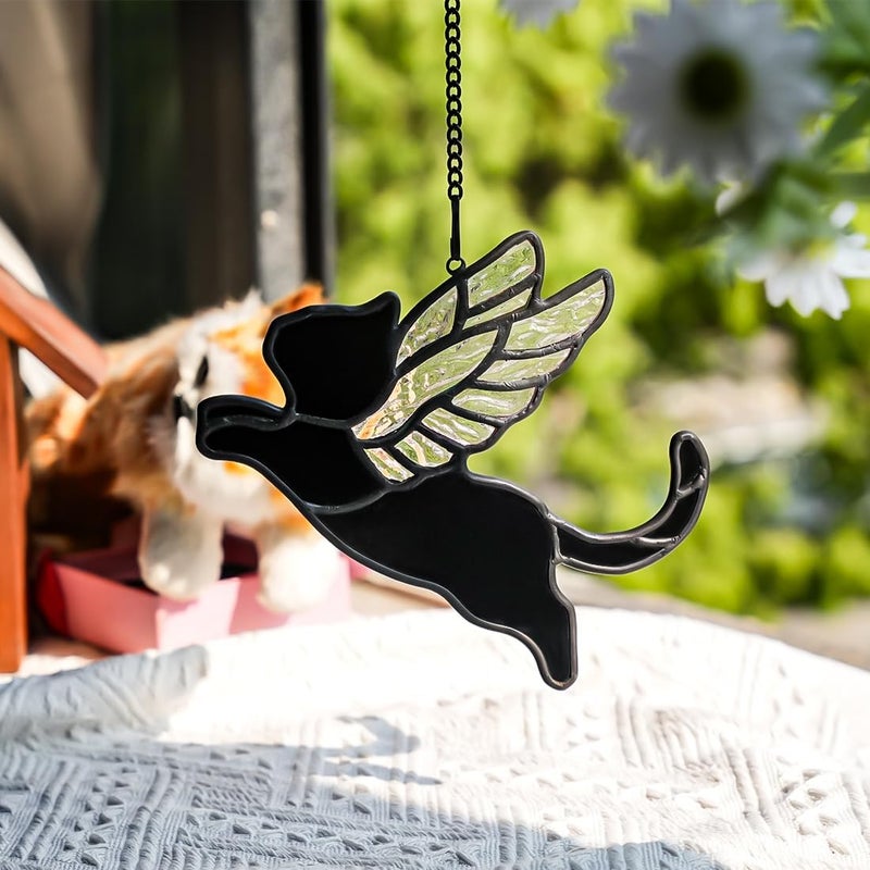 BOXCASA Angel Black Cat Loss Sympathy Gifts,Stained Glass Suncatchers Indoor Windows,Iridescent Angel Wing Cat Loss Memorial Gift for Women,Stained Glass Window Hangings for Home Decor - Image 2