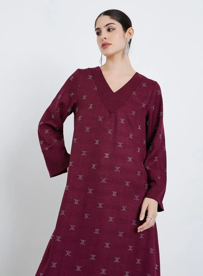 Amirah Women Burgundy Foil Print A-Line Jalabiya