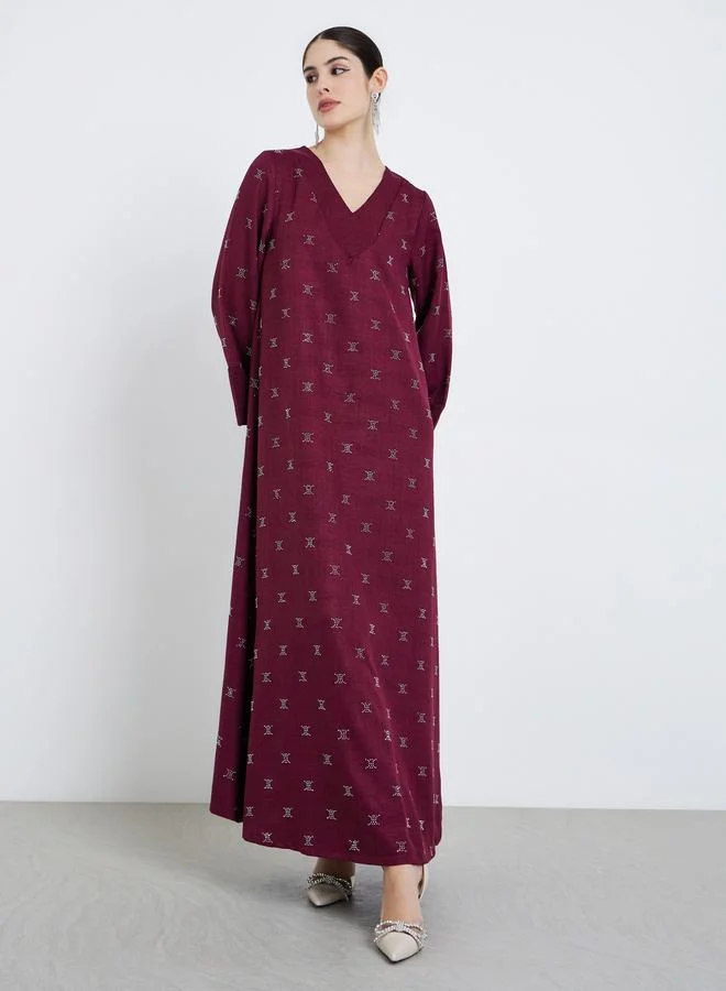 Women Burgundy Foil Print A-Line Jalabiya