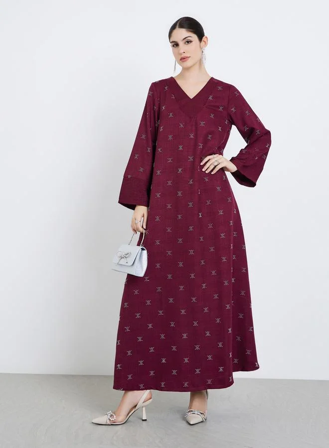 Amirah  Women Burgundy Foil Print A-Line Jalabiya for Women | Best Price UAE
